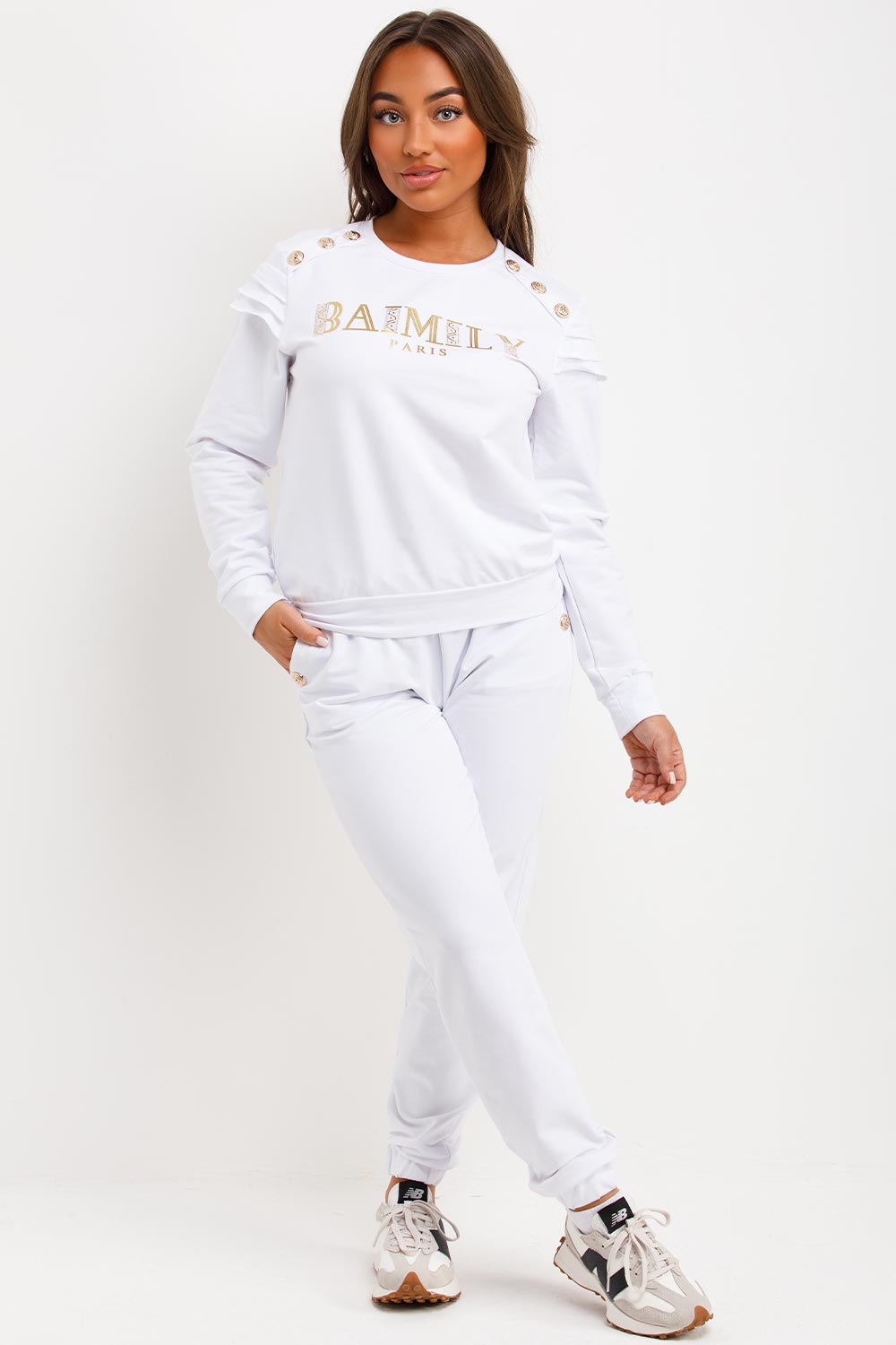 Gold Button Frill Shoulder Loungewear Set White | Xtralitty