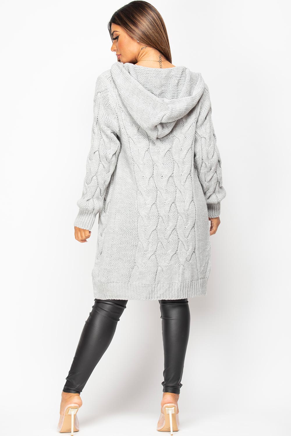 Grey Longline Hooded Cable Knit Cardigan | Xtralitty