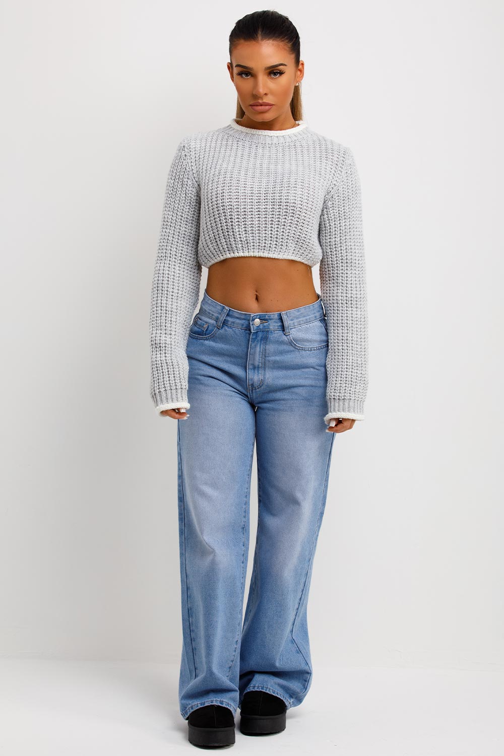 Grey Long Sleeve Knitted Cropped Jumper | Xtralitty