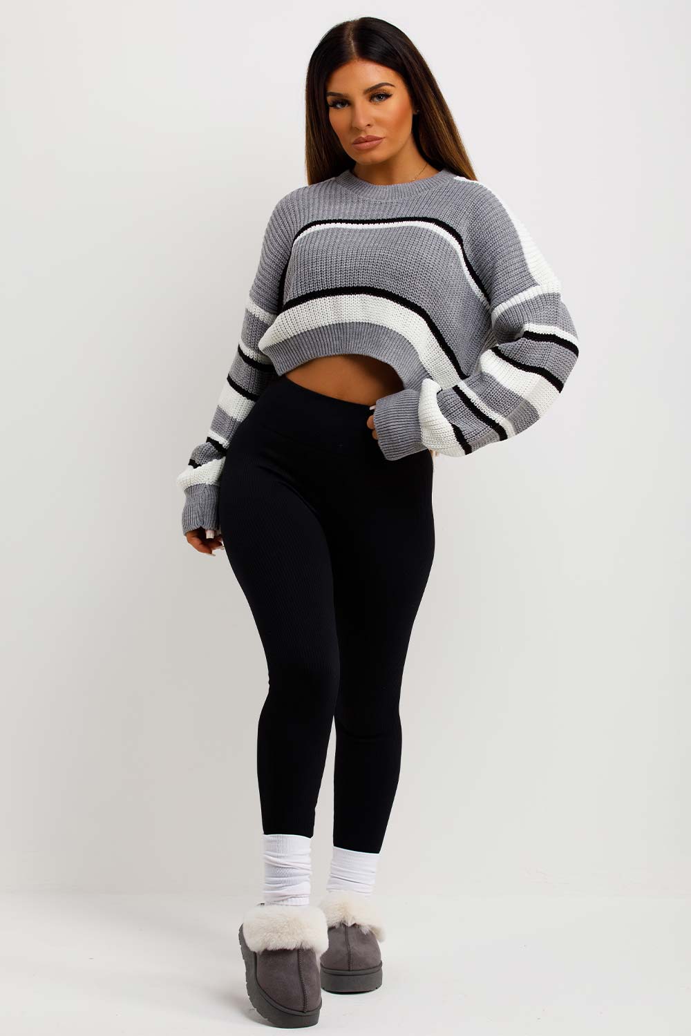 Crop Knitted Jumper with Stripes Grey | Xtralitty