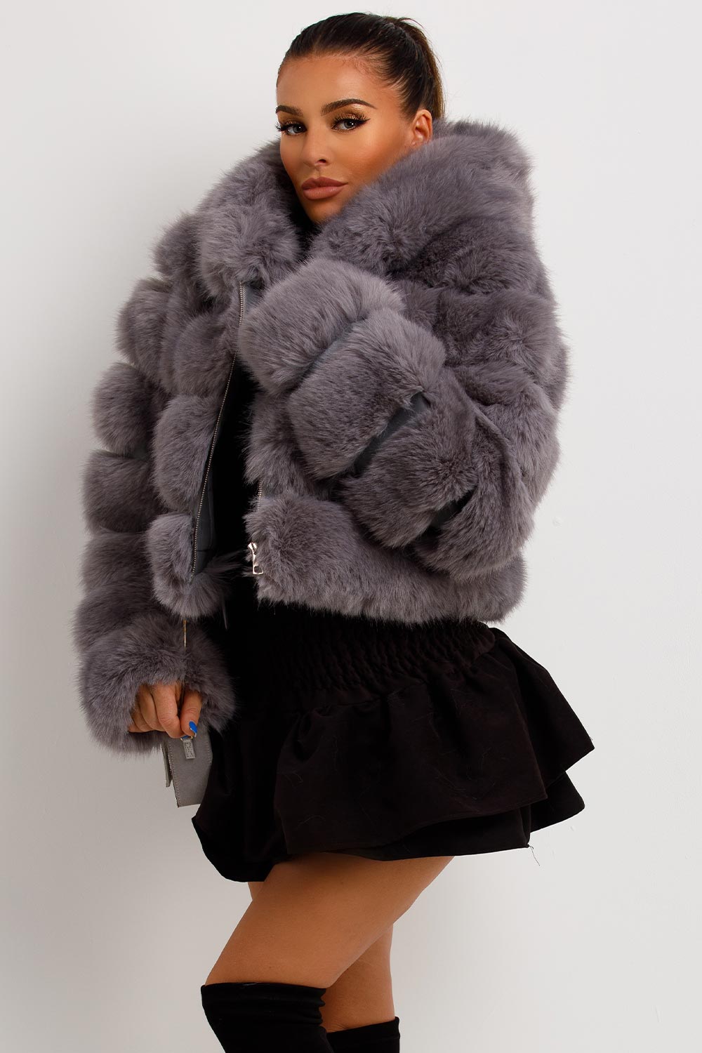 Grey Faux Fur Coat with Hood | Xtralitty