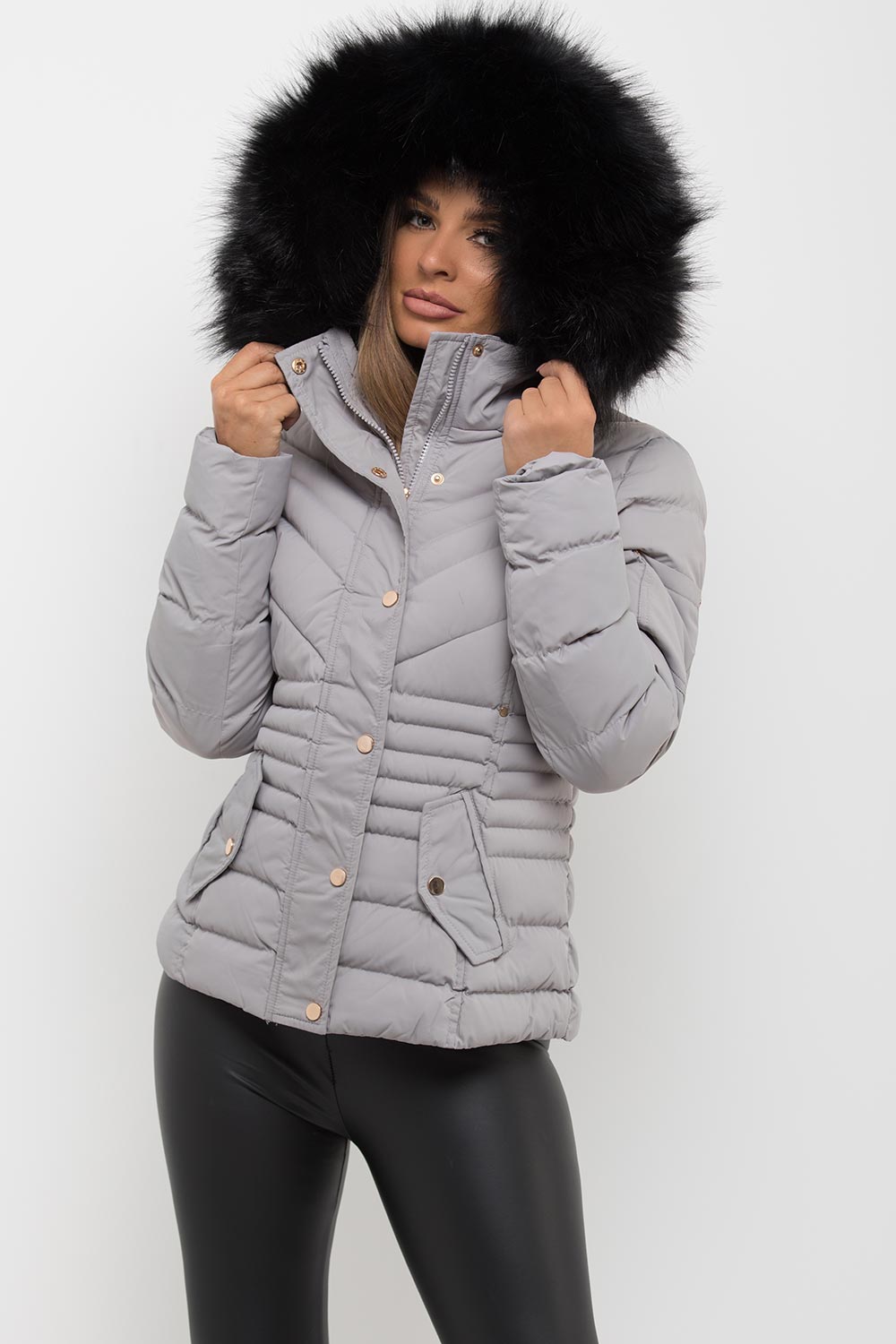 Puffer Coat with Fur Hood Grey | Xtralitty