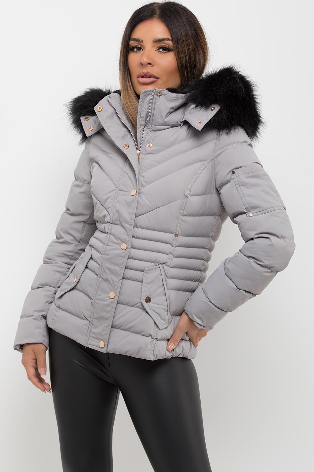Puffer Coat with Fur Hood Grey | Xtralitty