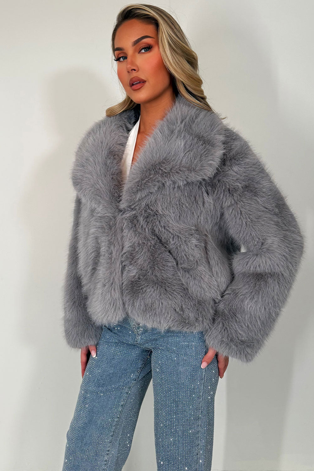 Faux Fur Jacket Collared Grey | Xtralitty