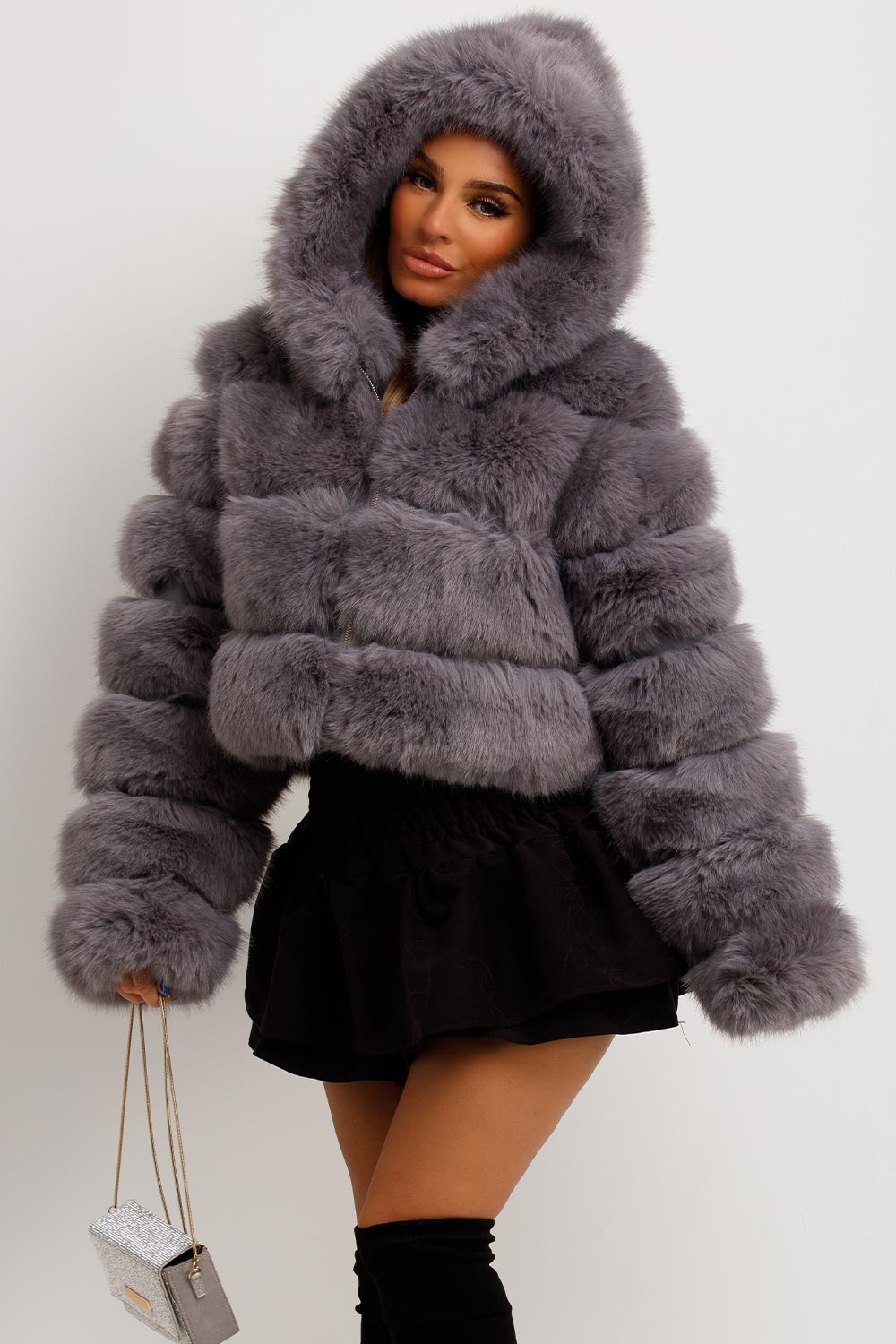 Grey Faux Fur Coat with Hood | Xtralitty