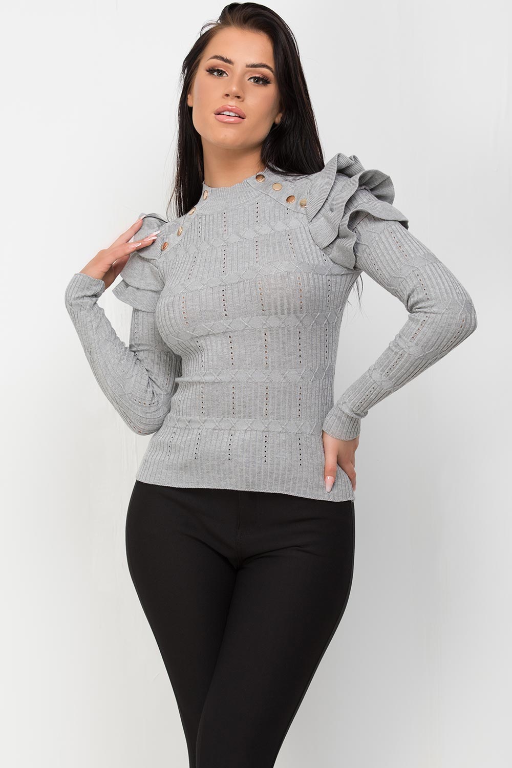 Gold Button Frill Shoulder Knitted Top Grey | Xtralitty