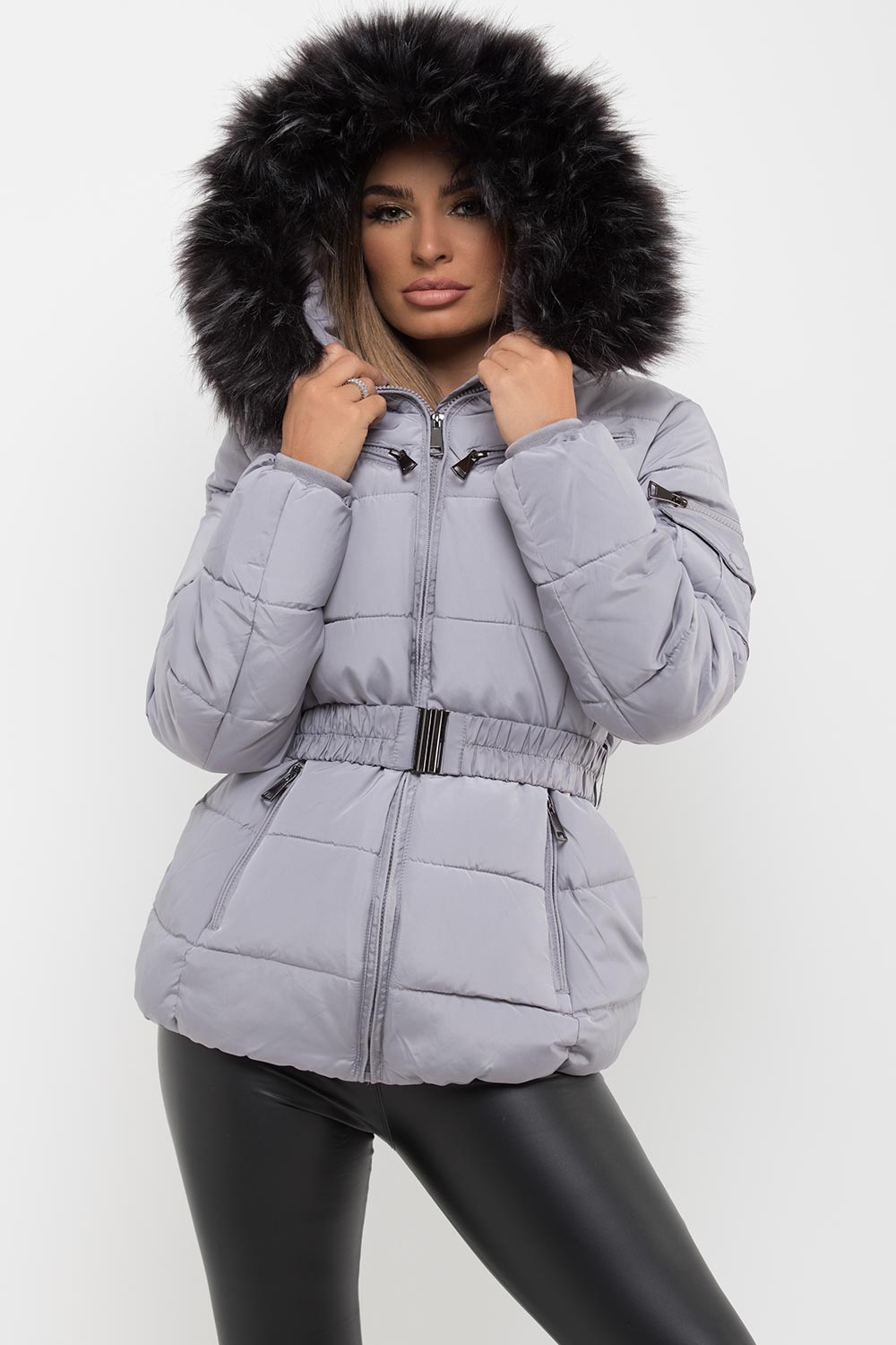 Grey Faux Fur Hooded Jacket with Belt | Xtralitty