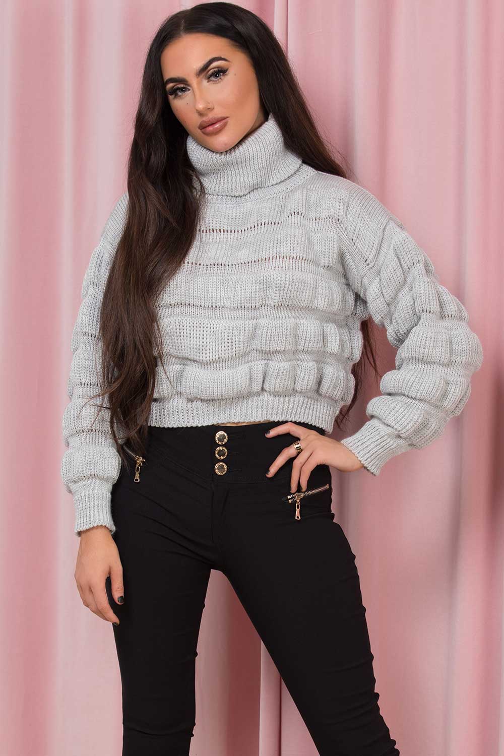 Grey Roll Neck Bubble Knit Jumper | Xtralitty