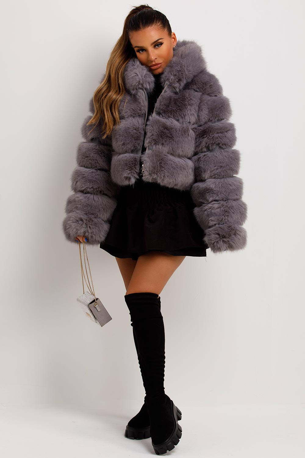 Grey Faux Fur Coat with Hood | Xtralitty