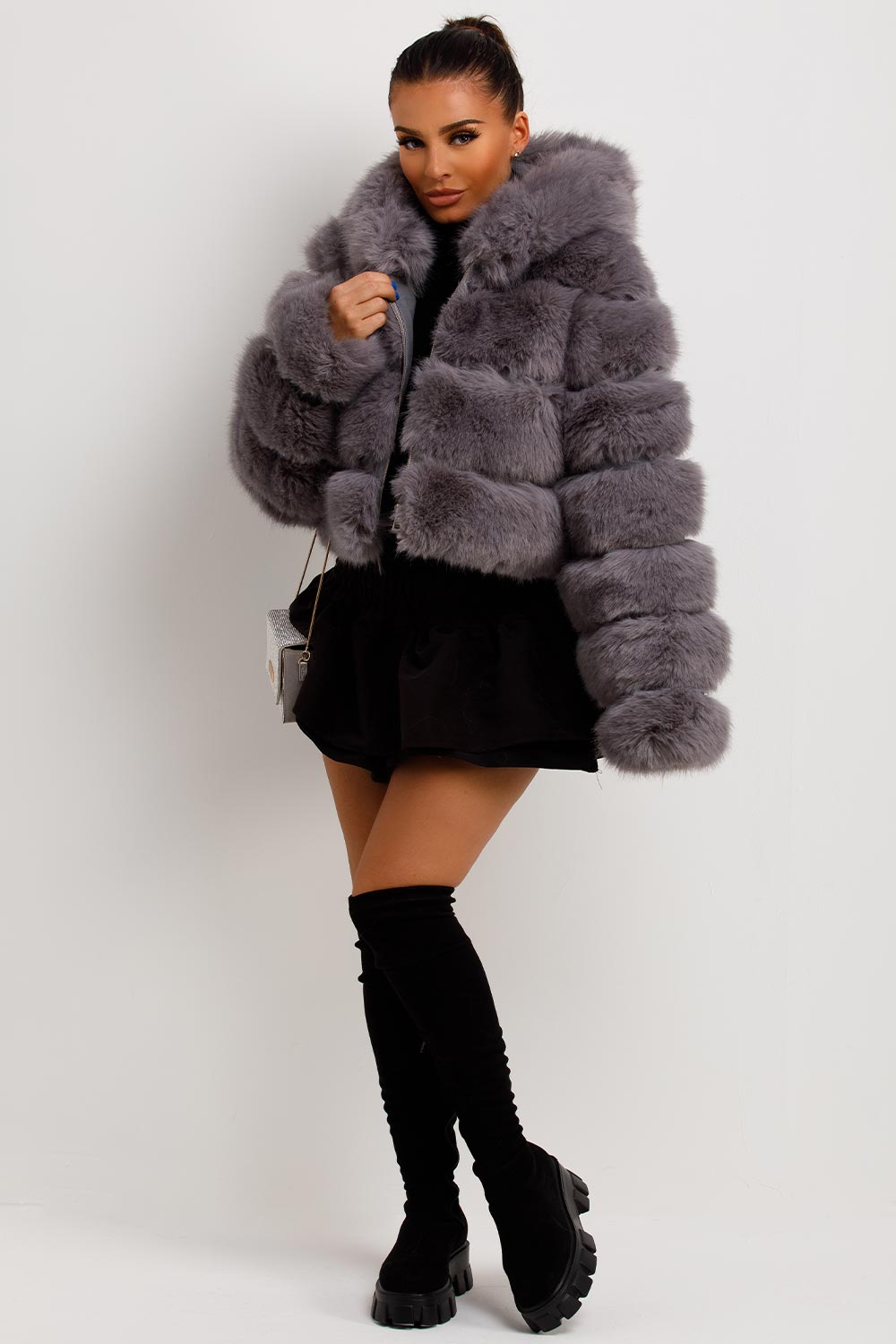 Grey Faux Fur Coat with Hood | Xtralitty
