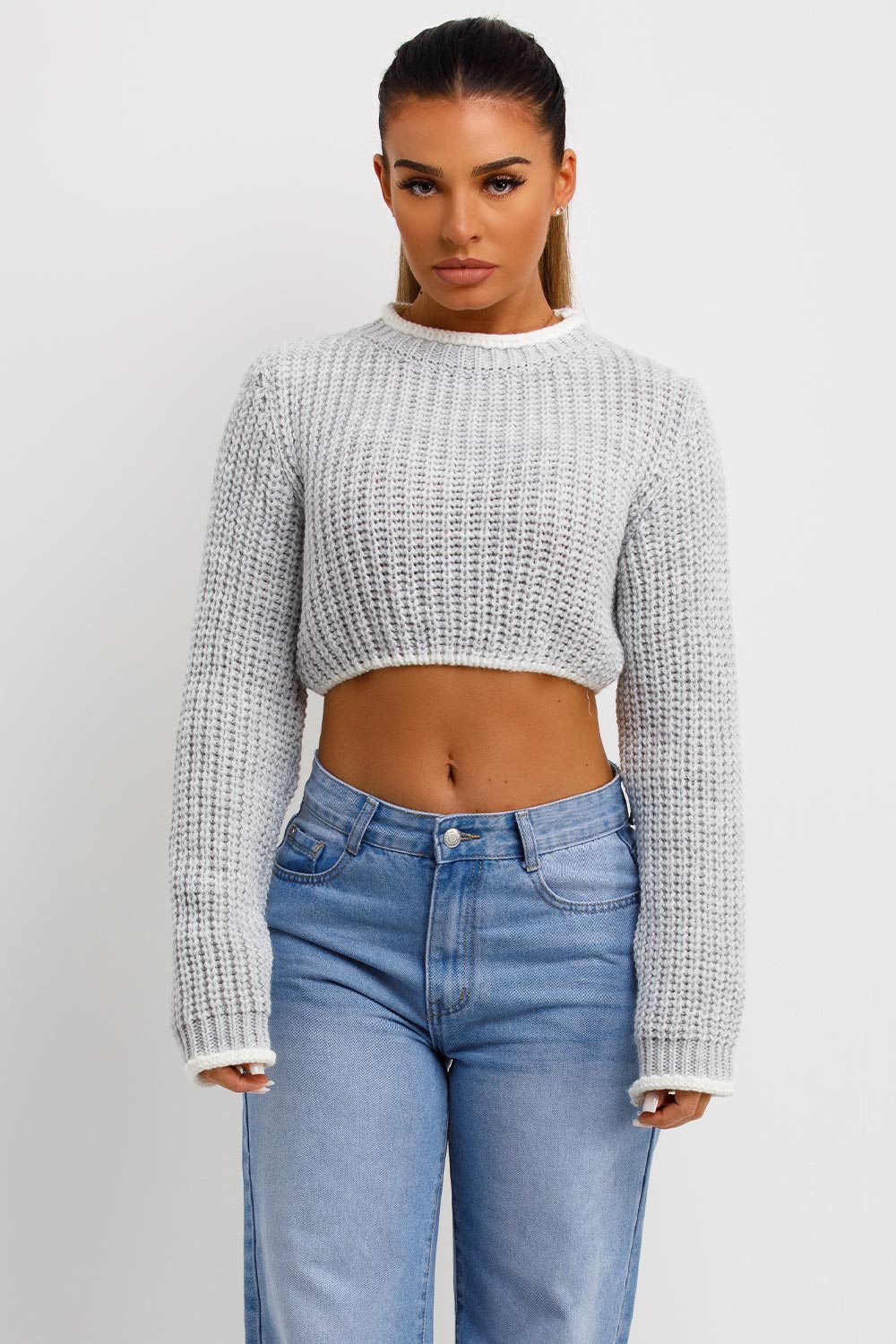 Grey Long Sleeve Knitted Cropped Jumper | Xtralitty