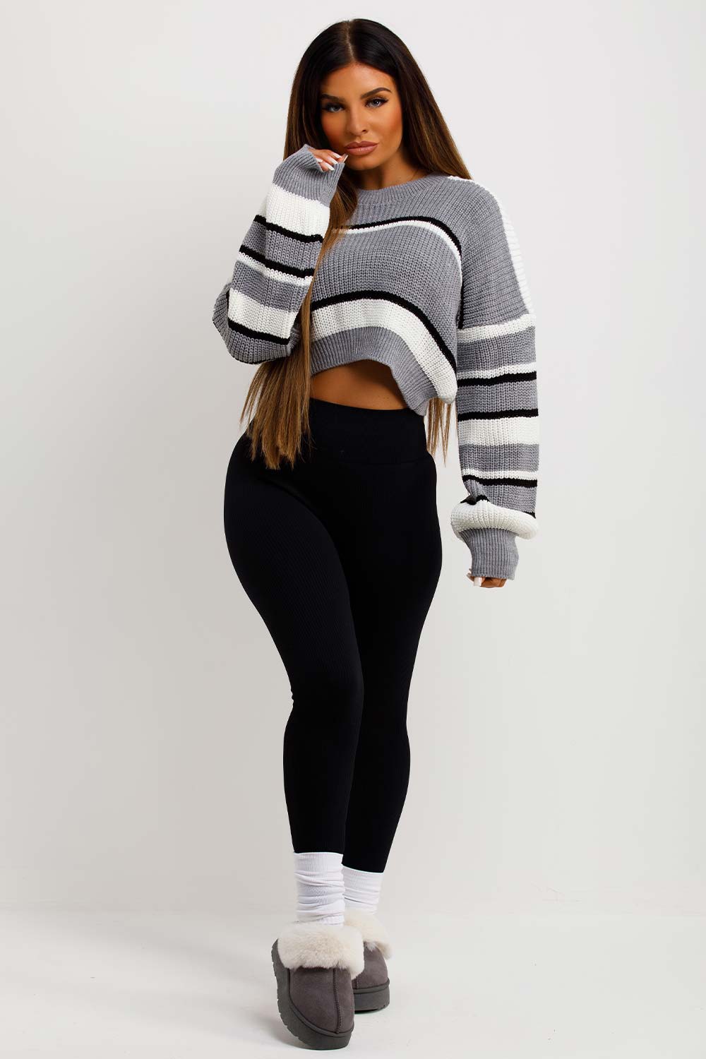 Crop Knitted Jumper with Stripes Grey | Xtralitty