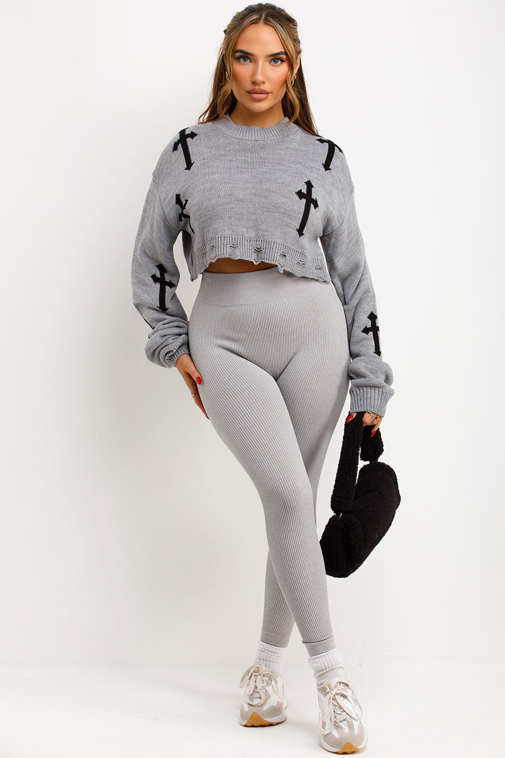 Knitted Jumper with Crosses Cropped Grey | Xtralitty