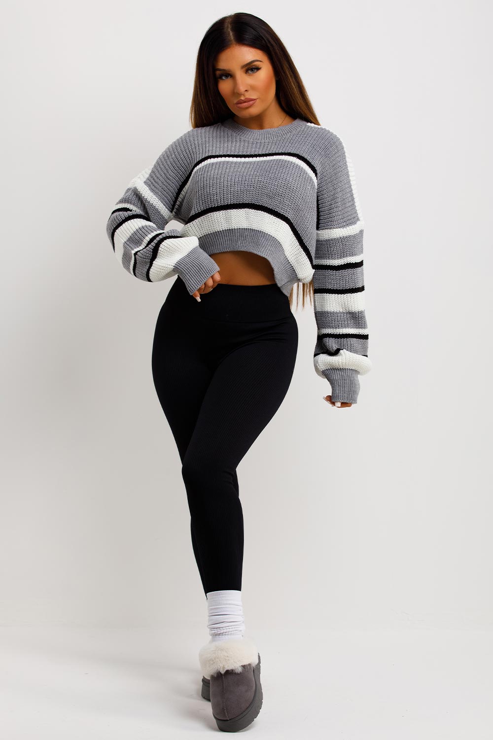 Crop Knitted Jumper with Stripes Grey | Xtralitty