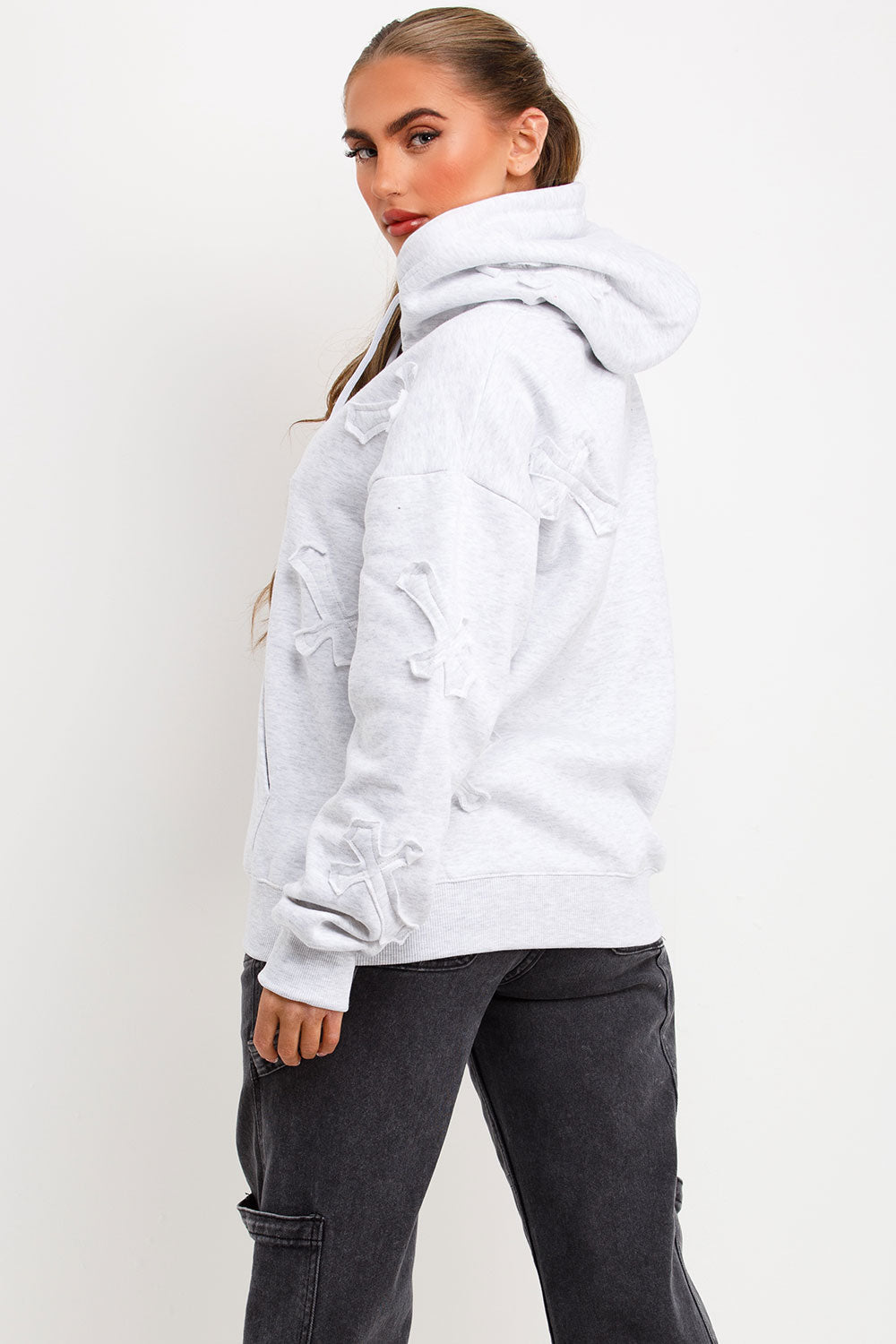 Hoodie with Cross Applique Embroidery Grey Marl | Xtralitty