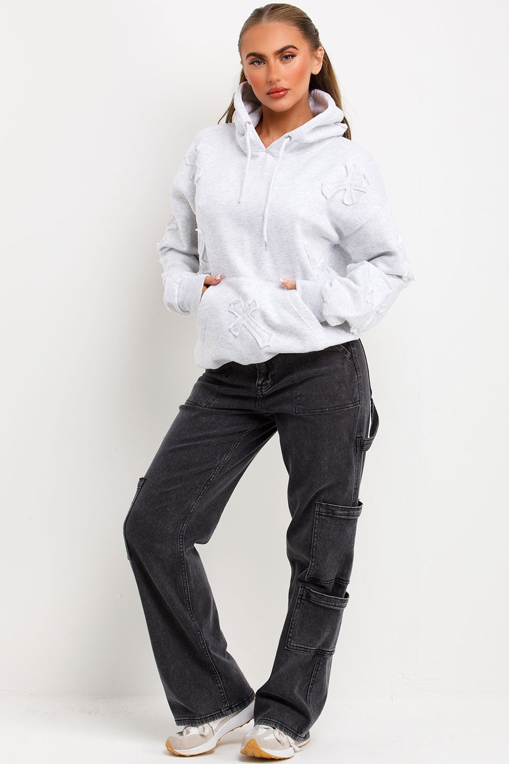 Hoodie with Cross Applique Embroidery Grey Marl | Xtralitty