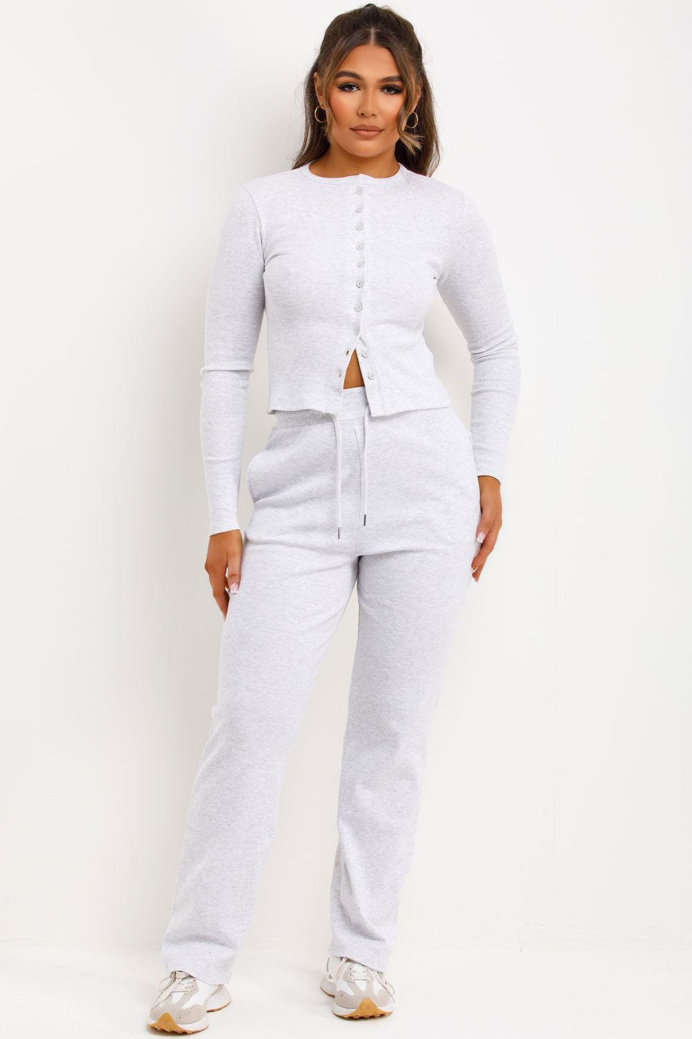 Rib Button Up Long Sleeve Top and Trouser Lounge | Xtralitty