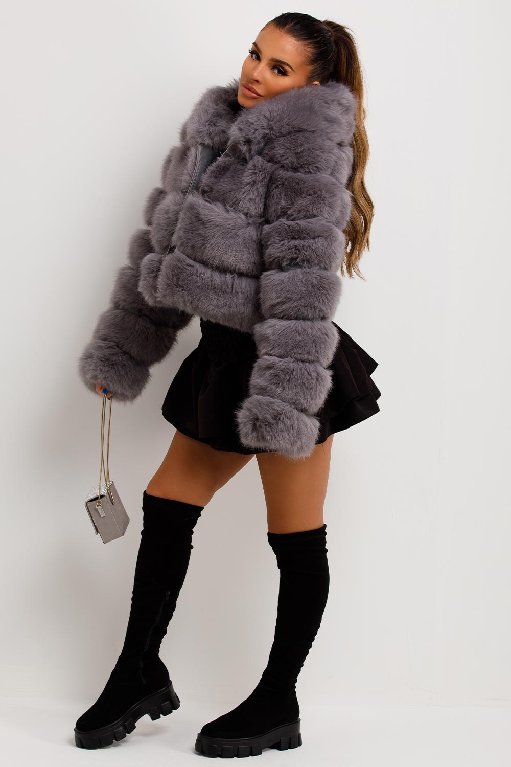 Grey Faux Fur Coat with Hood | Xtralitty