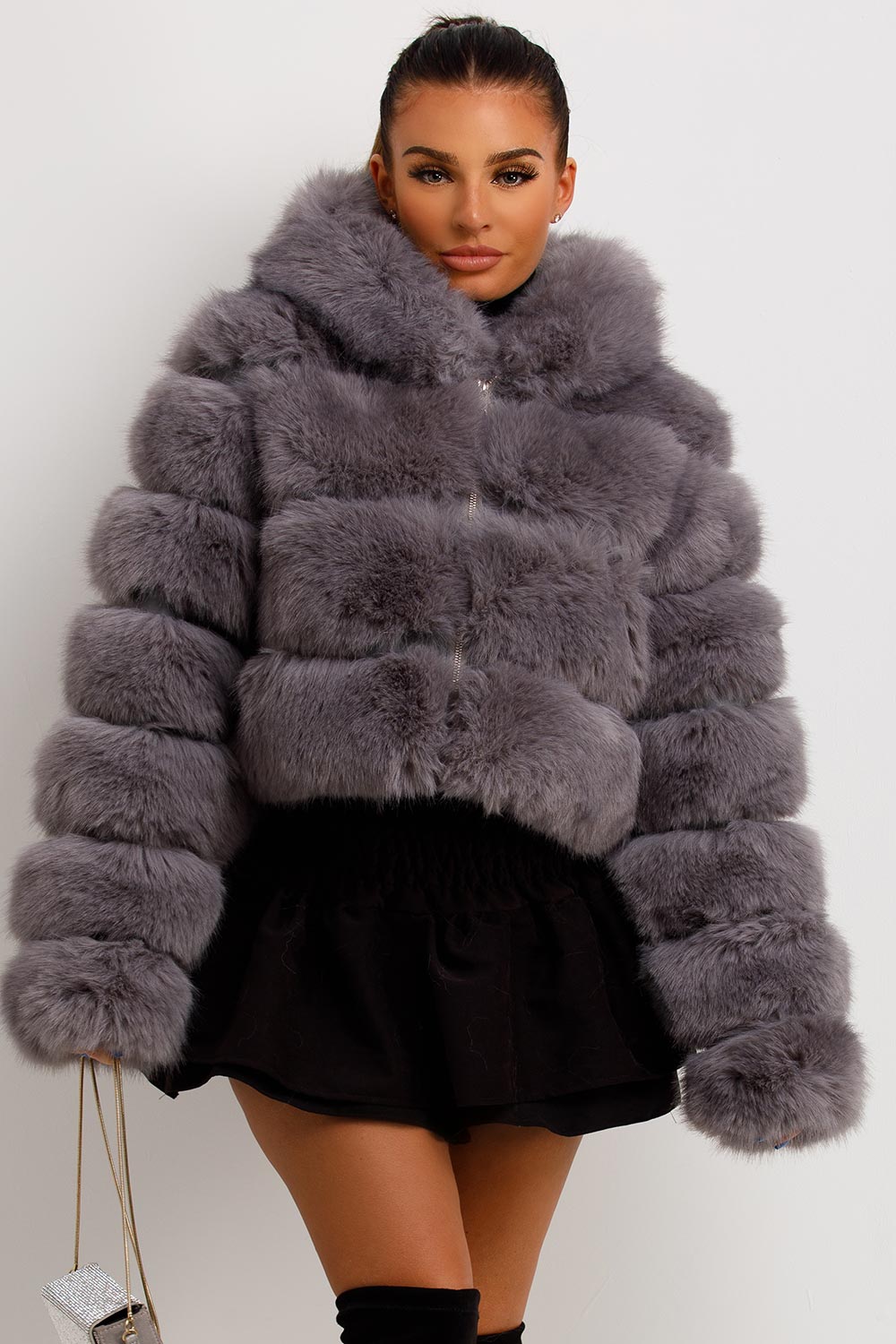 Grey Faux Fur Coat with Hood | Xtralitty