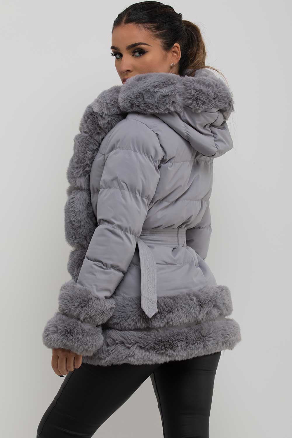Puffer Jacket with Fur Hood Cuff and Trim Grey | Xtralitty