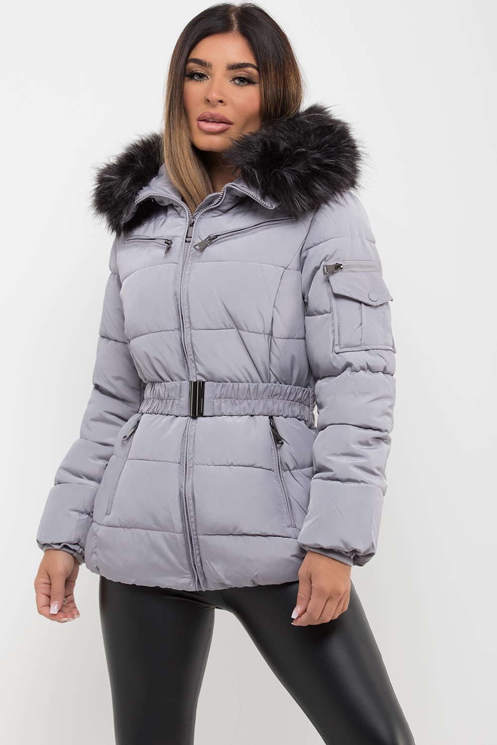 Grey Faux Fur Hooded Jacket with Belt | Xtralitty