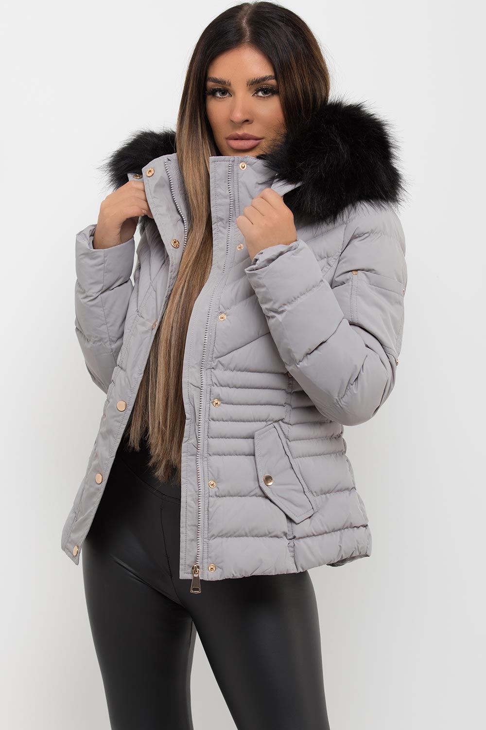 Puffer Coat with Fur Hood Grey | Xtralitty