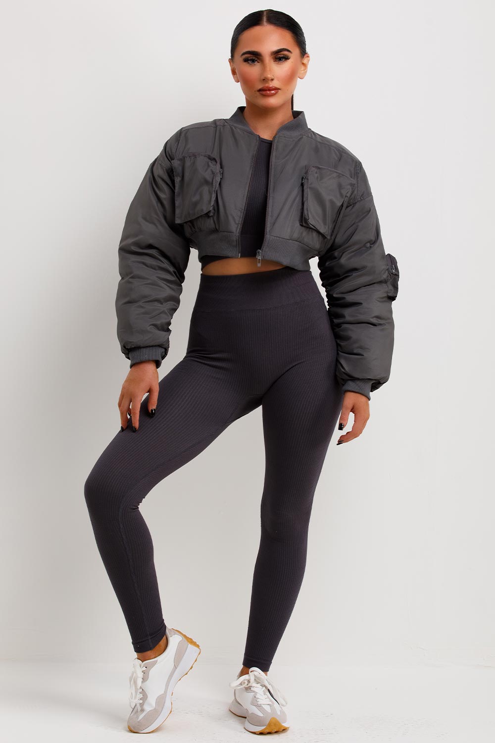 Crop Bomber Jacket with Pockets Grey | Xtralitty