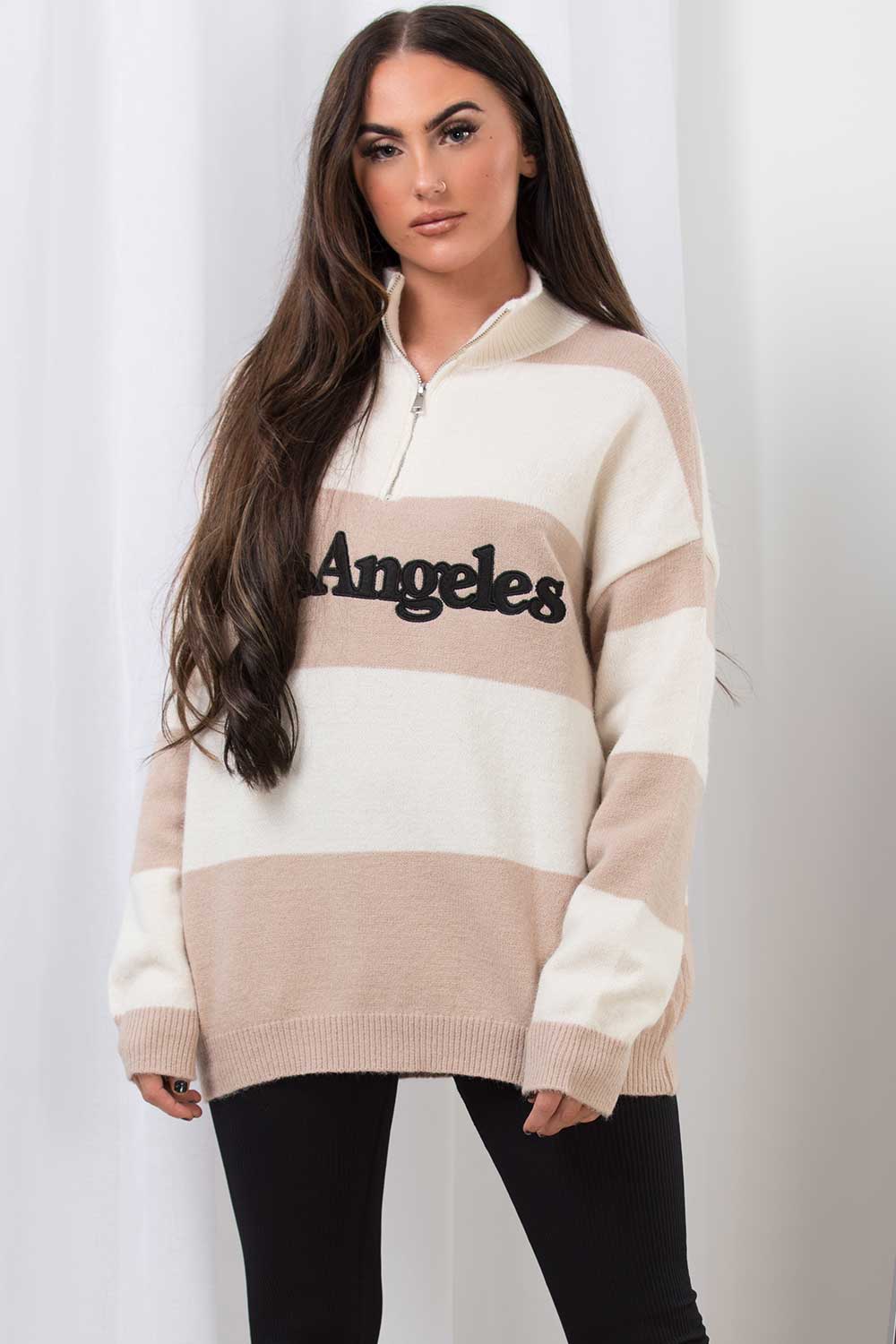 Half Zip Stripe Jumper with Los Angeles Slogan B | Xtralitty
