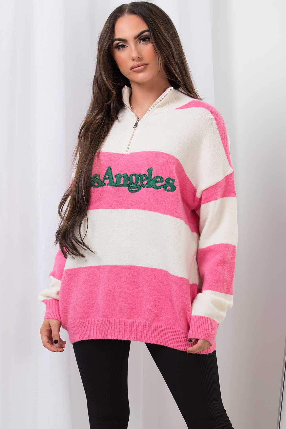 Half Zip Stripe Jumper with Los Angeles Slogan P | Xtralitty
