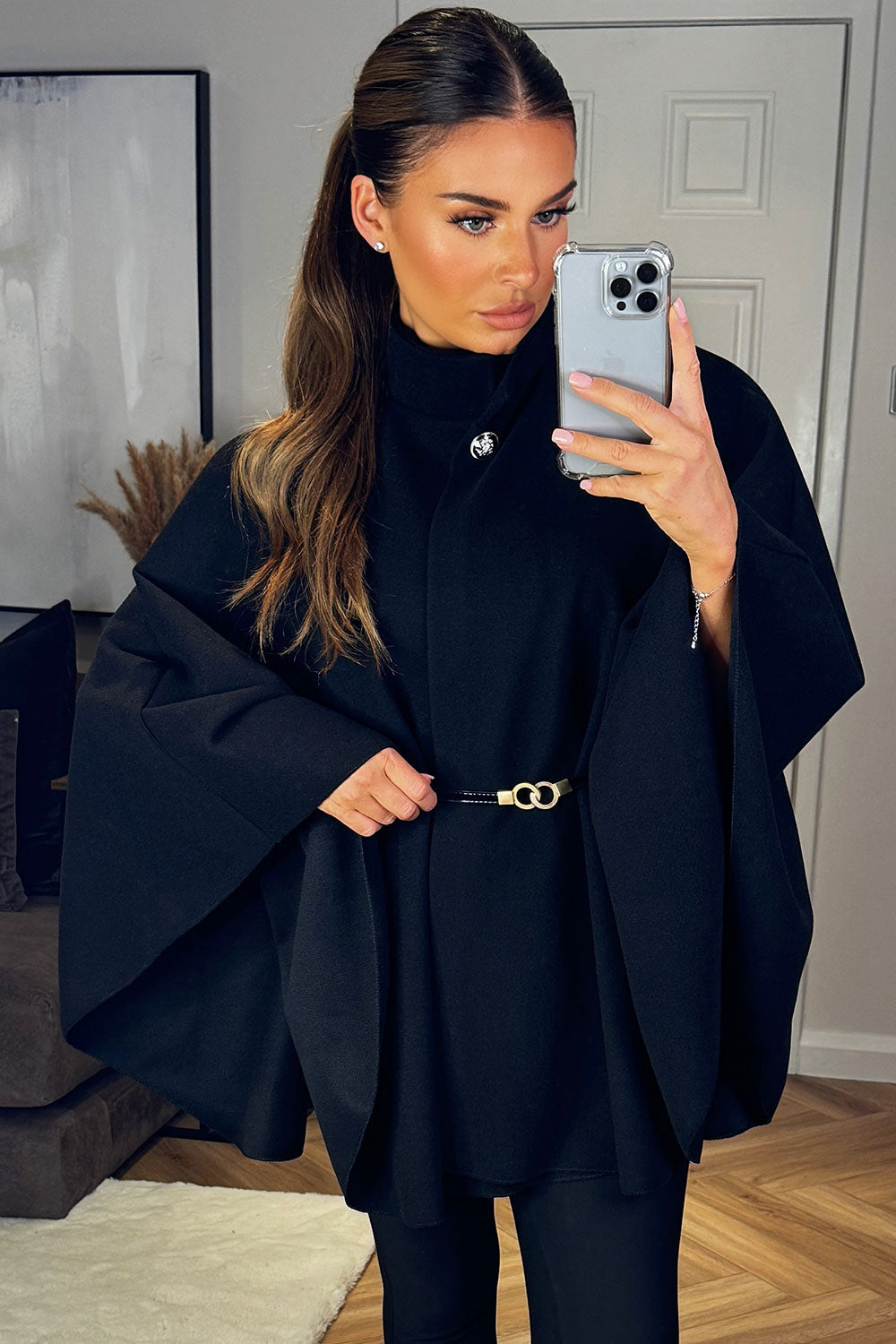 Cape with Belt and Button Black Poncho | Xtralitty