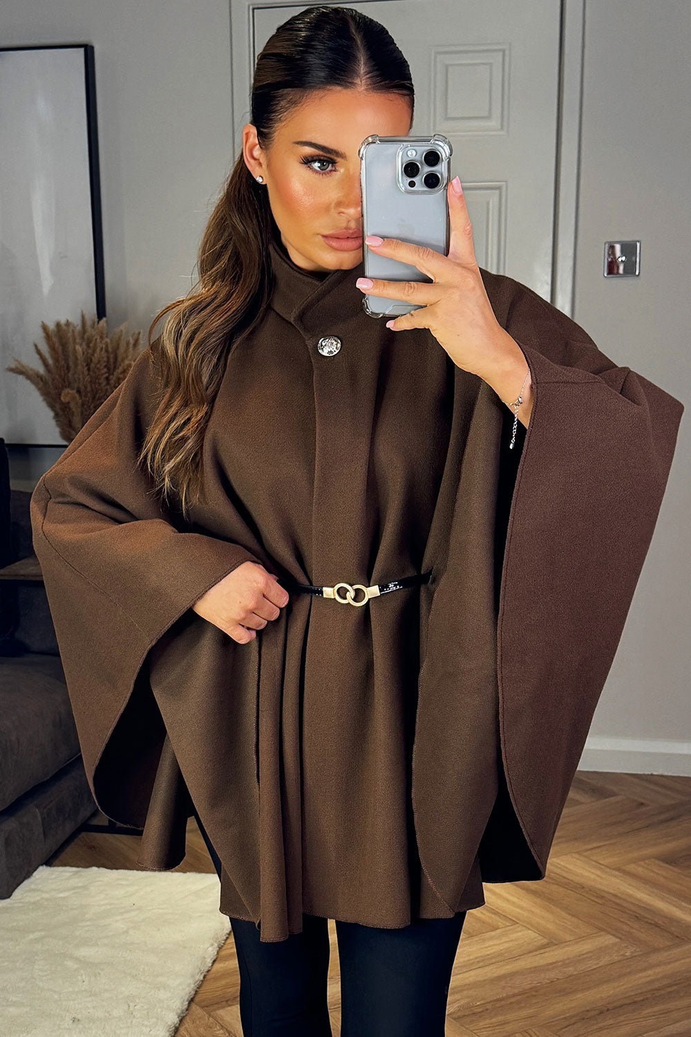 Cape with Belt and Button Brown Poncho | Xtralitty