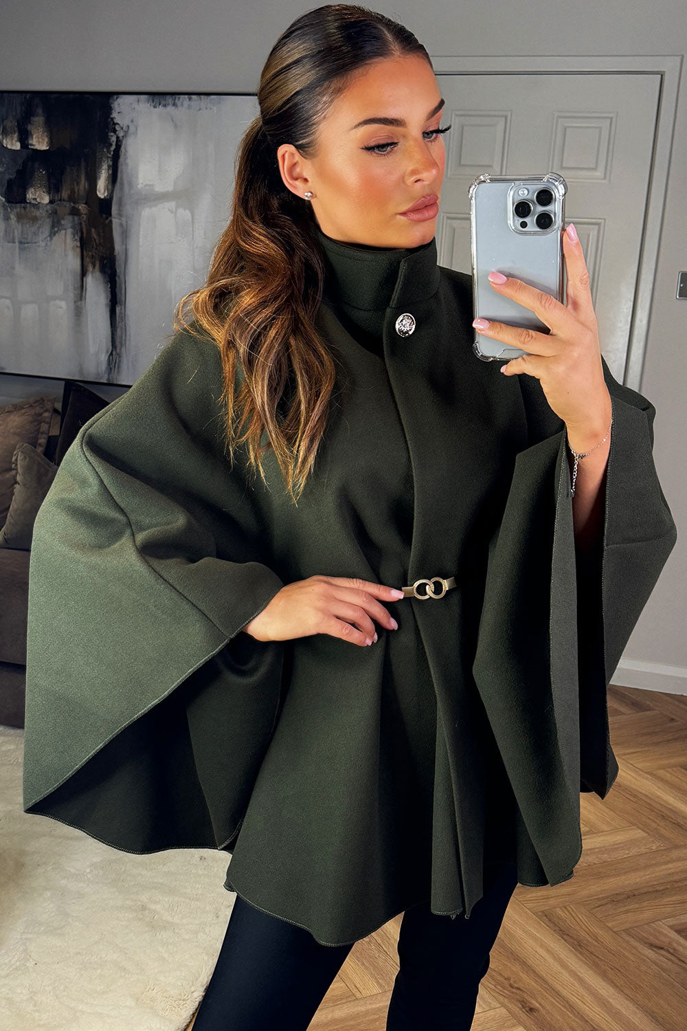 Cape with Belt and Button Khaki Poncho | Xtralitty
