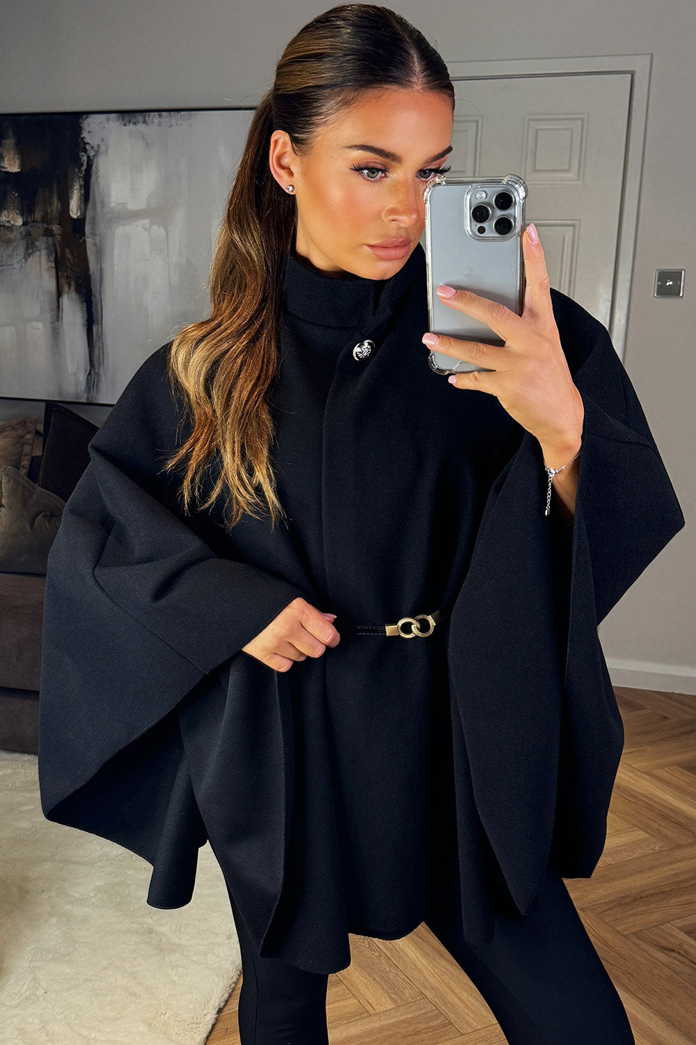 Cape with Belt and Button Black Poncho | Xtralitty