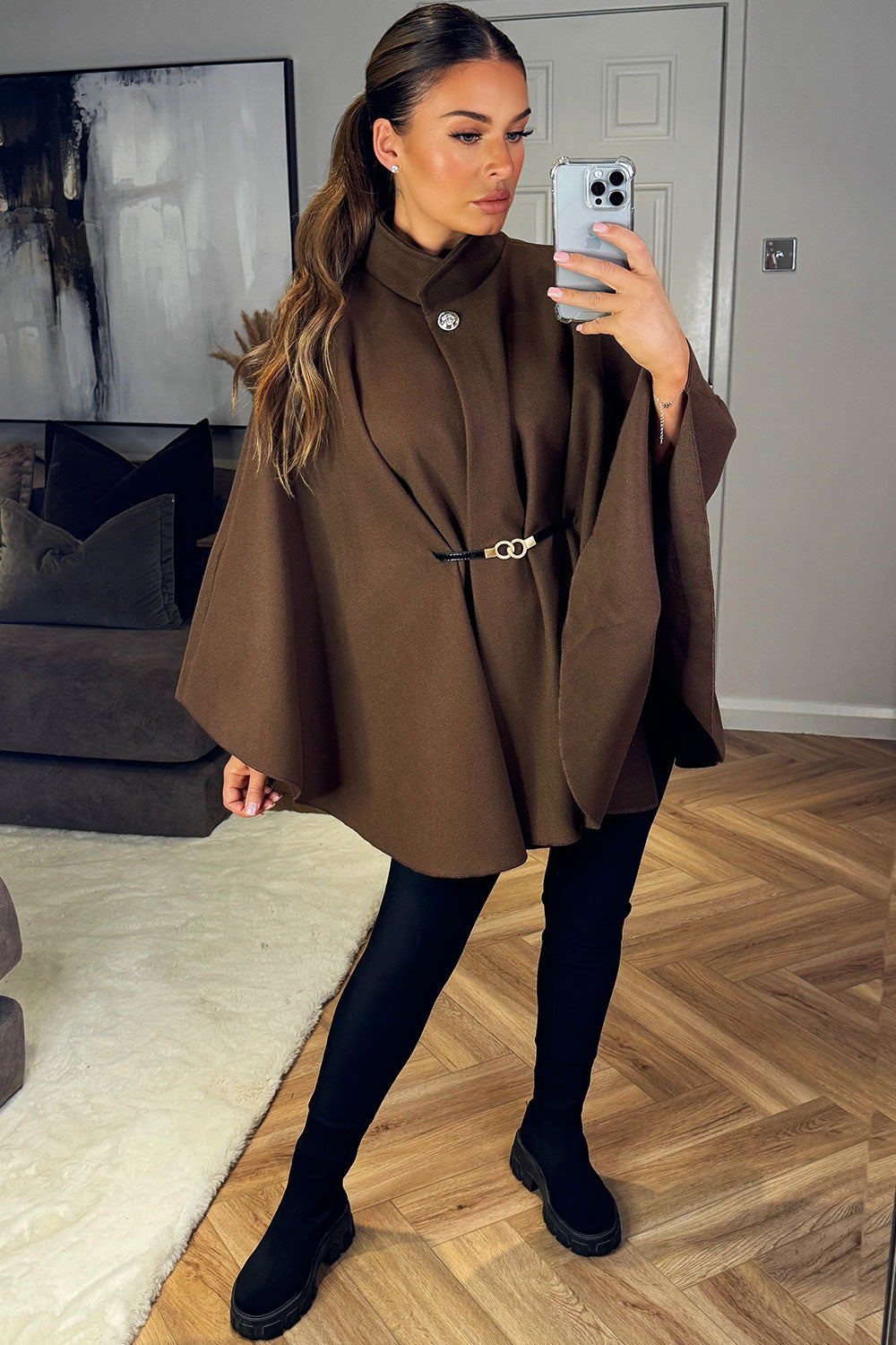 Cape with Belt and Button Brown Poncho | Xtralitty