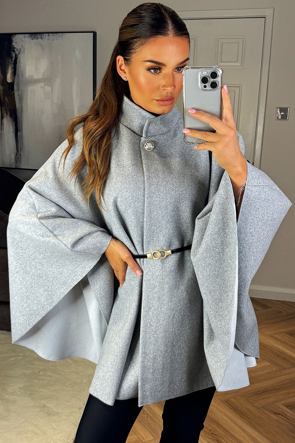 Cape with Belt and Button Grey Poncho | Xtralitty