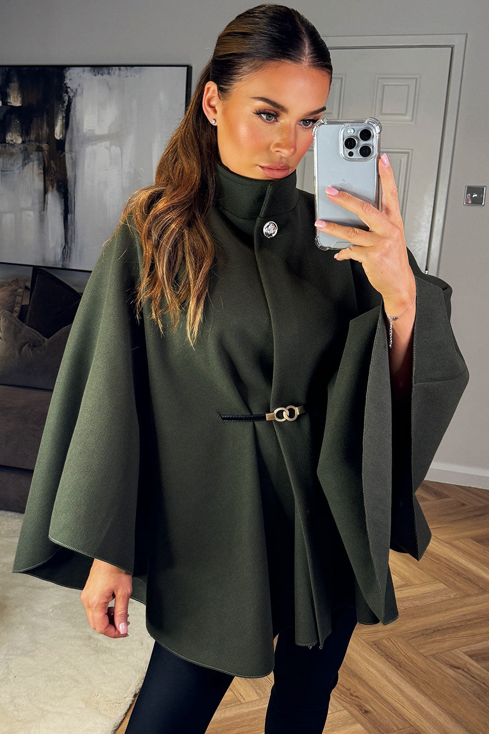 Cape with Belt and Button Khaki Poncho | Xtralitty