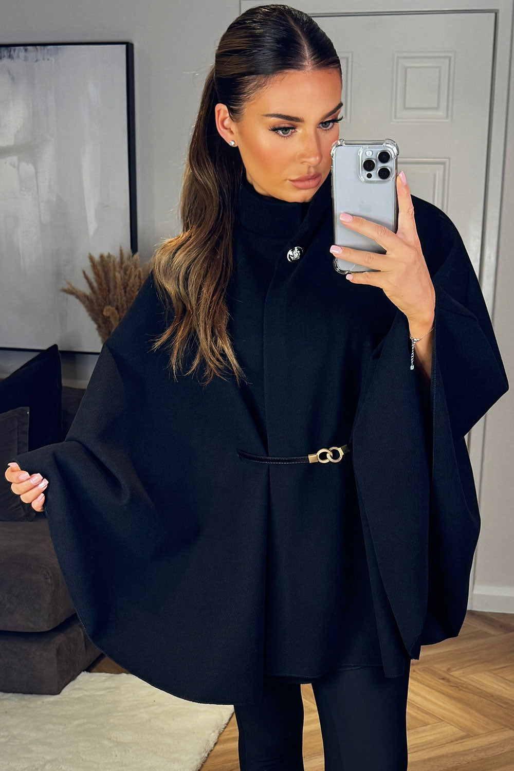 Cape with Belt and Button Black Poncho | Xtralitty