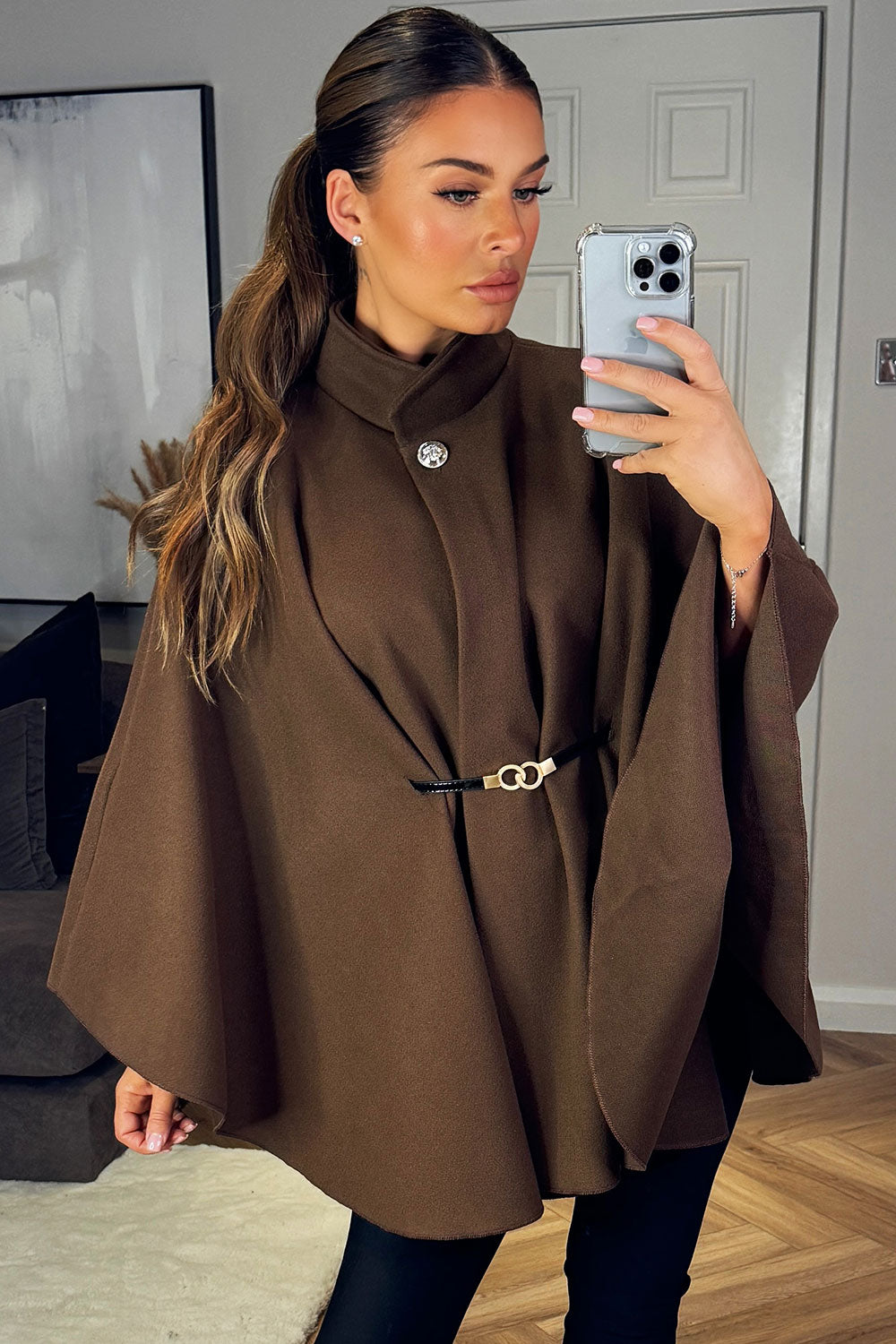 Cape with Belt and Button Brown Poncho | Xtralitty
