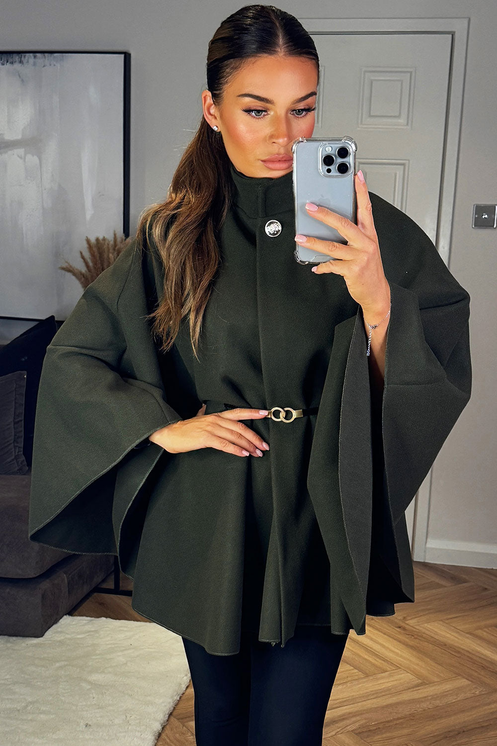 Cape with Belt and Button Khaki Poncho | Xtralitty