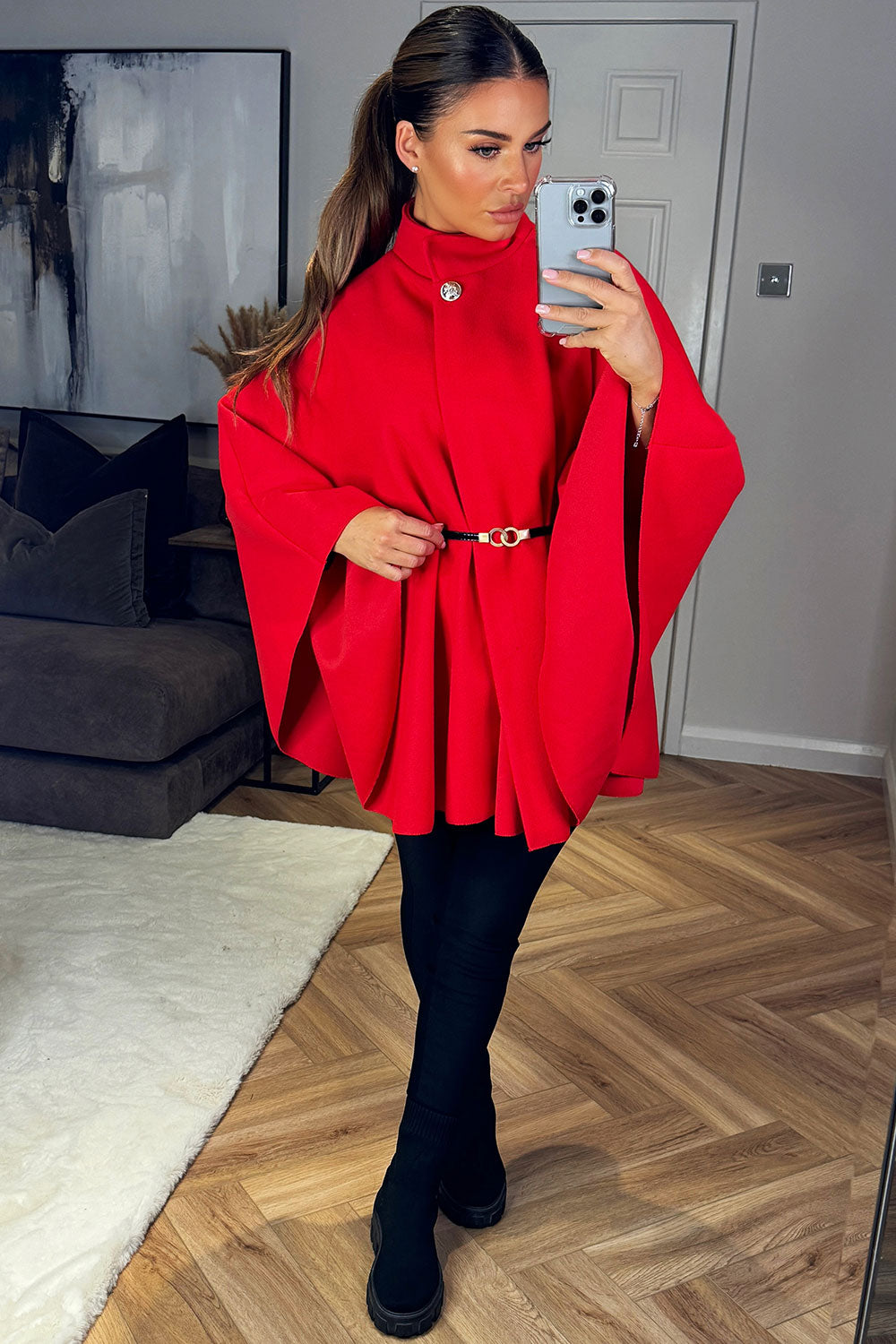 Cape with Belt and Button Red Poncho | Xtralitty