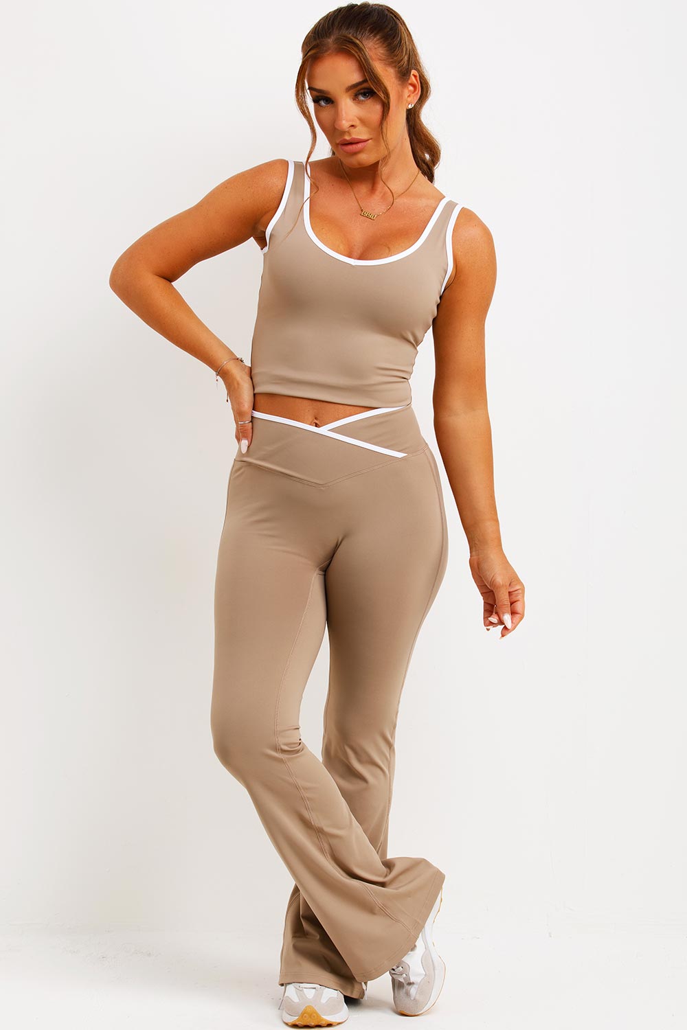 Flare Yoga Pants and Top Co Ord Lounge Set Beige | Xtralitty