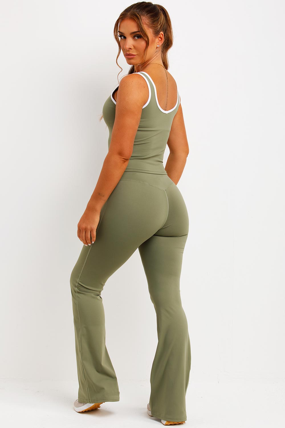 Flare Yoga Pants and Top Co Ord Lounge Set Khaki | Xtralitty