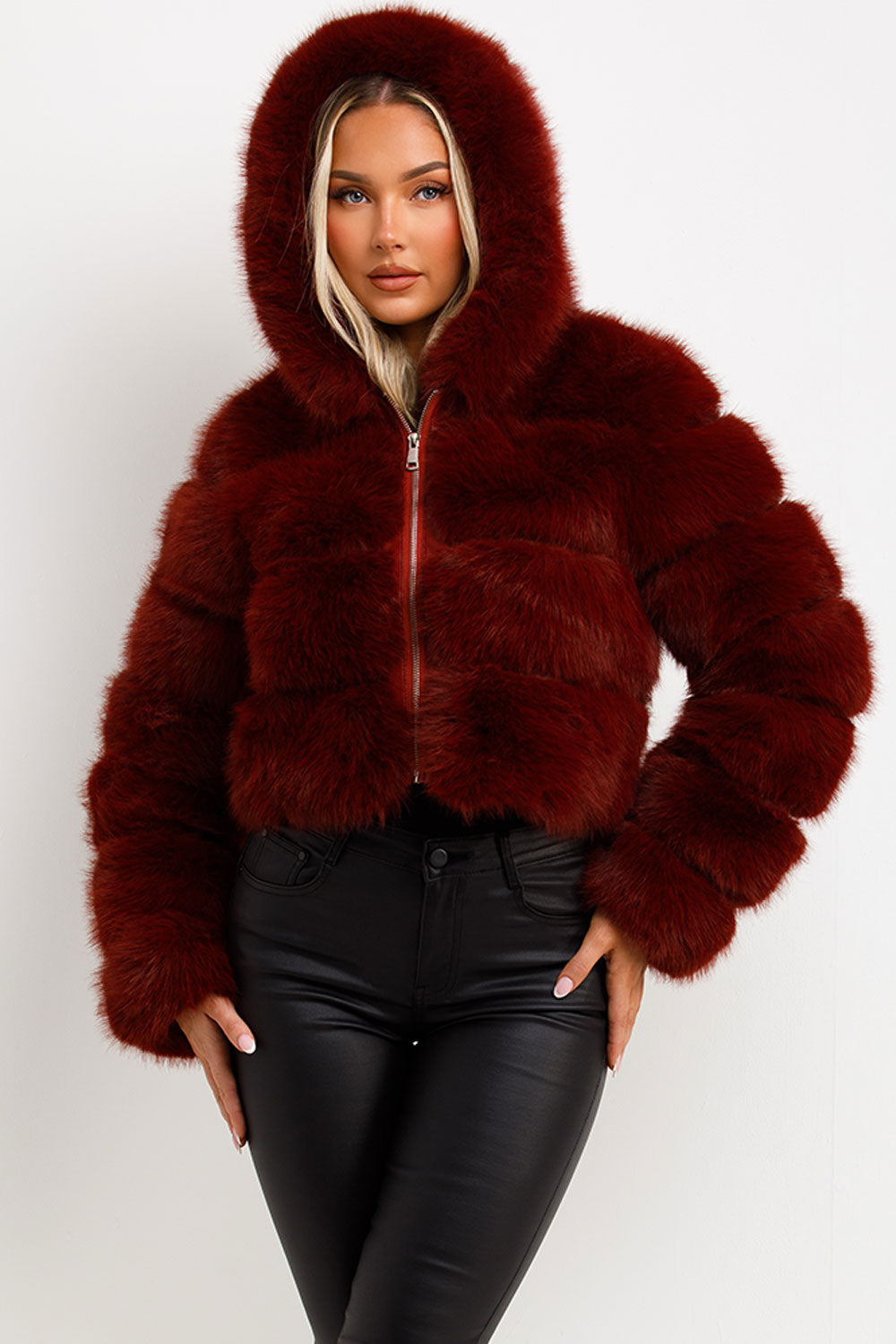Faux Fur Coat with Hood Burgundy | Xtralitty