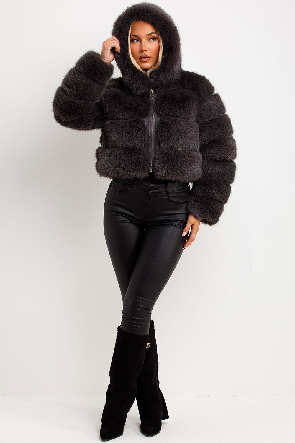 Faux Fur Coat with Hood Charcoal | Xtralitty