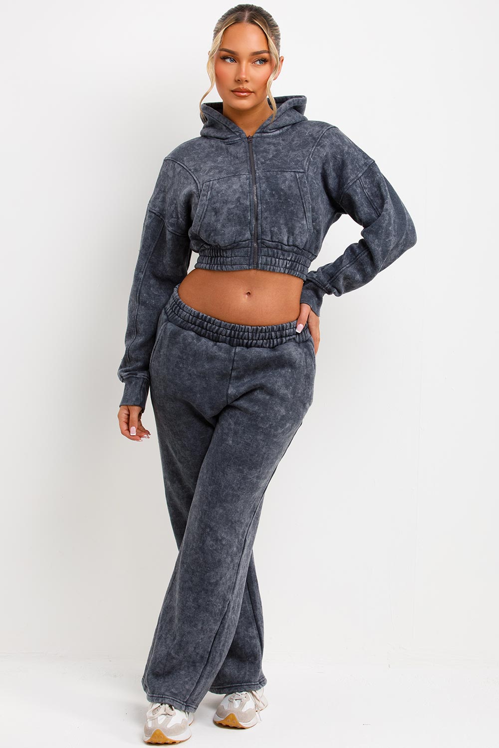 Crop Zip Up Hoodie and Joggers Tracksuit Set Gre | Xtralitty