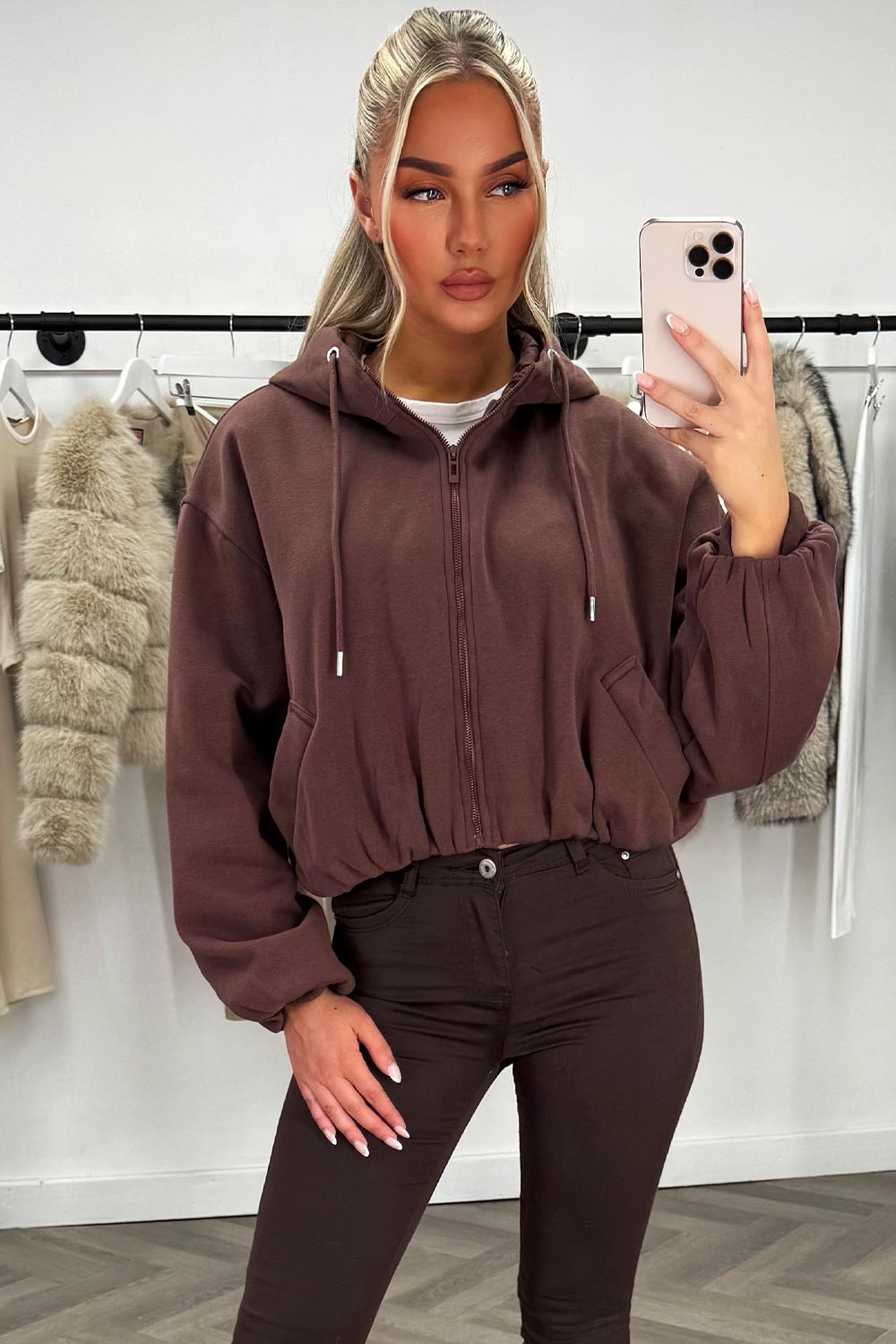 Hooded Jacket with Elastic Hem Brown | Xtralitty