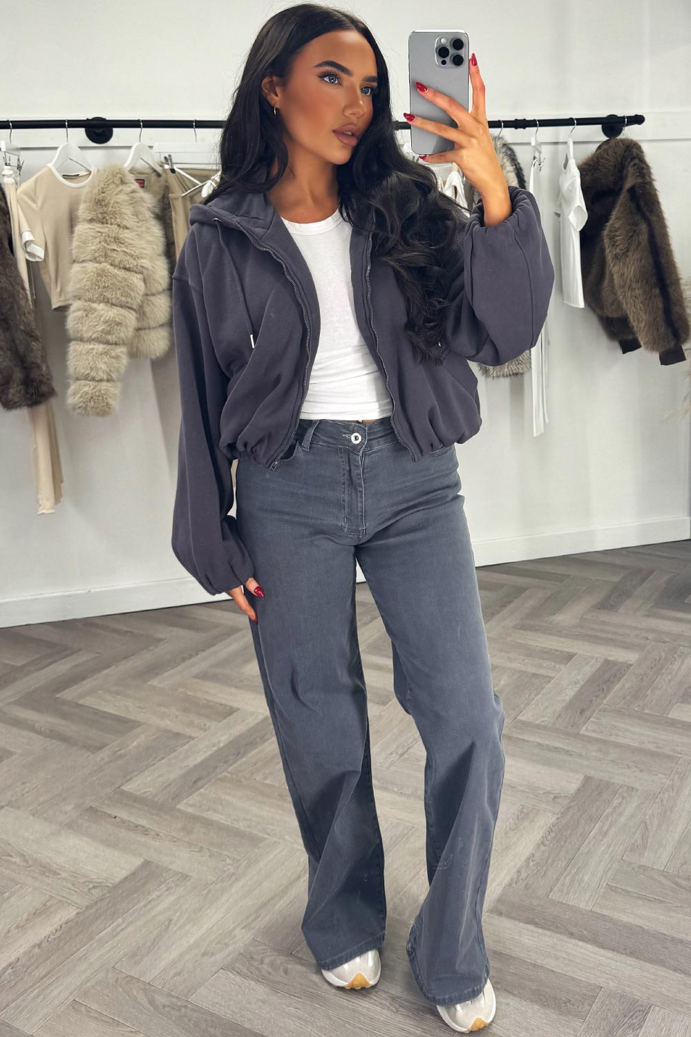 Hooded Jacket with Elastic Hem Charcoal | Xtralitty