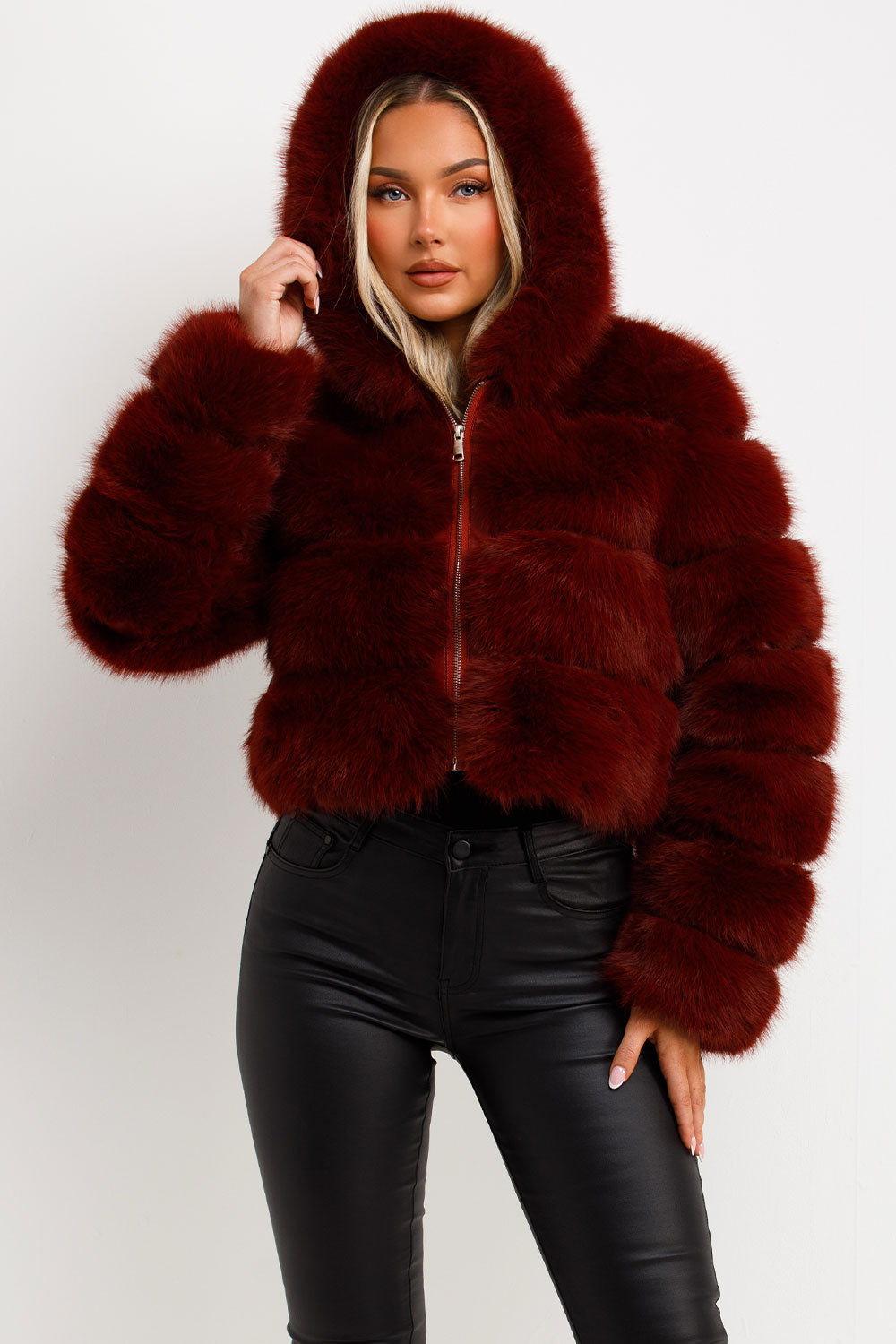 Faux Fur Coat with Hood Burgundy | Xtralitty
