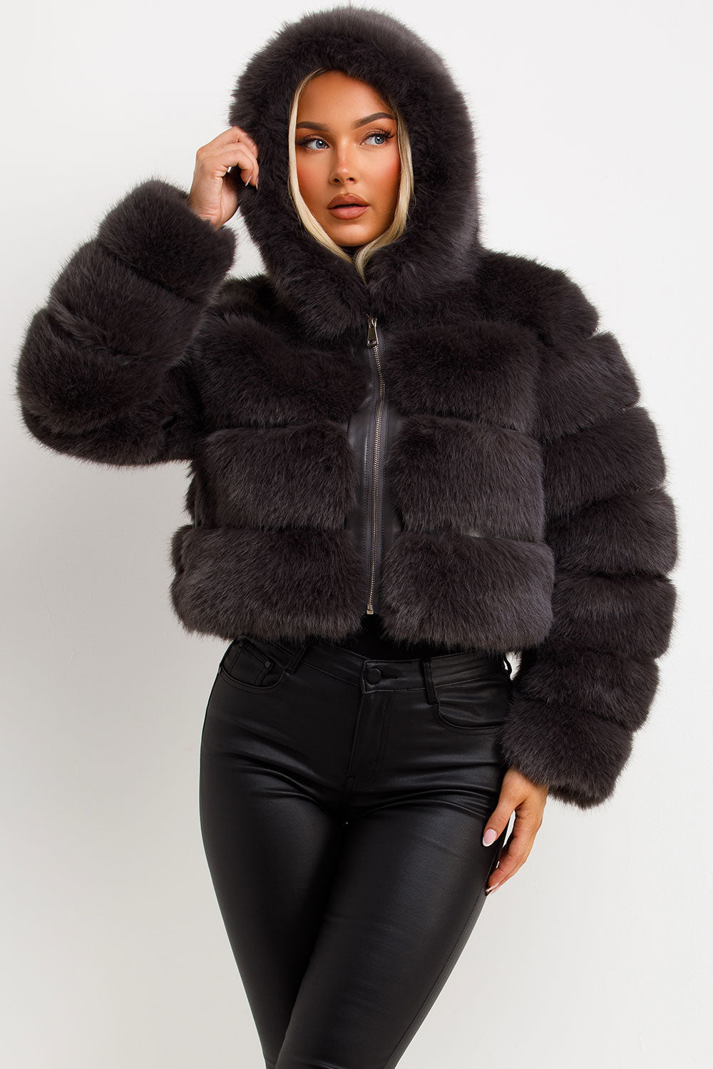 Faux Fur Coat with Hood Charcoal | Xtralitty