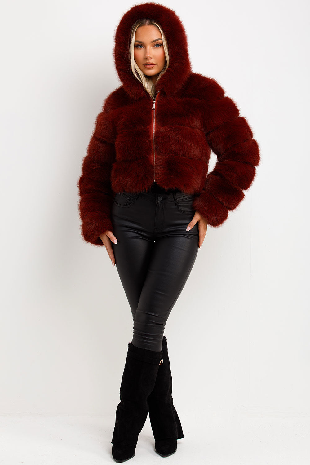 Faux Fur Coat with Hood Burgundy | Xtralitty